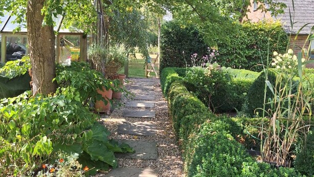 A garden pathway with a gravel surface, surrounded by various plants and shrubs. - The Smarden Snug for Garden Lovers (Ashford)