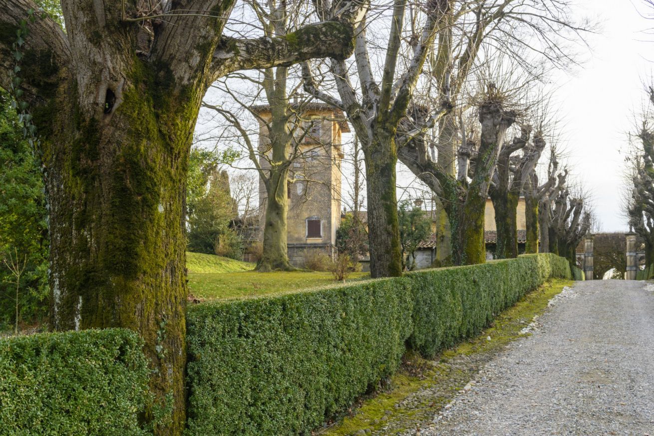 A historic building with a tower, surrounded by trees and a well-maintained hedge.