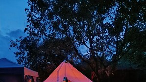 A tented camping area with a fire pit and lounge chairs.