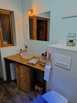 Hair dryer, towels, soap, toilet paper