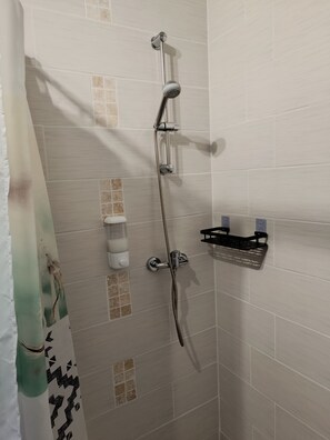 Hair dryer, towels, soap, toilet paper