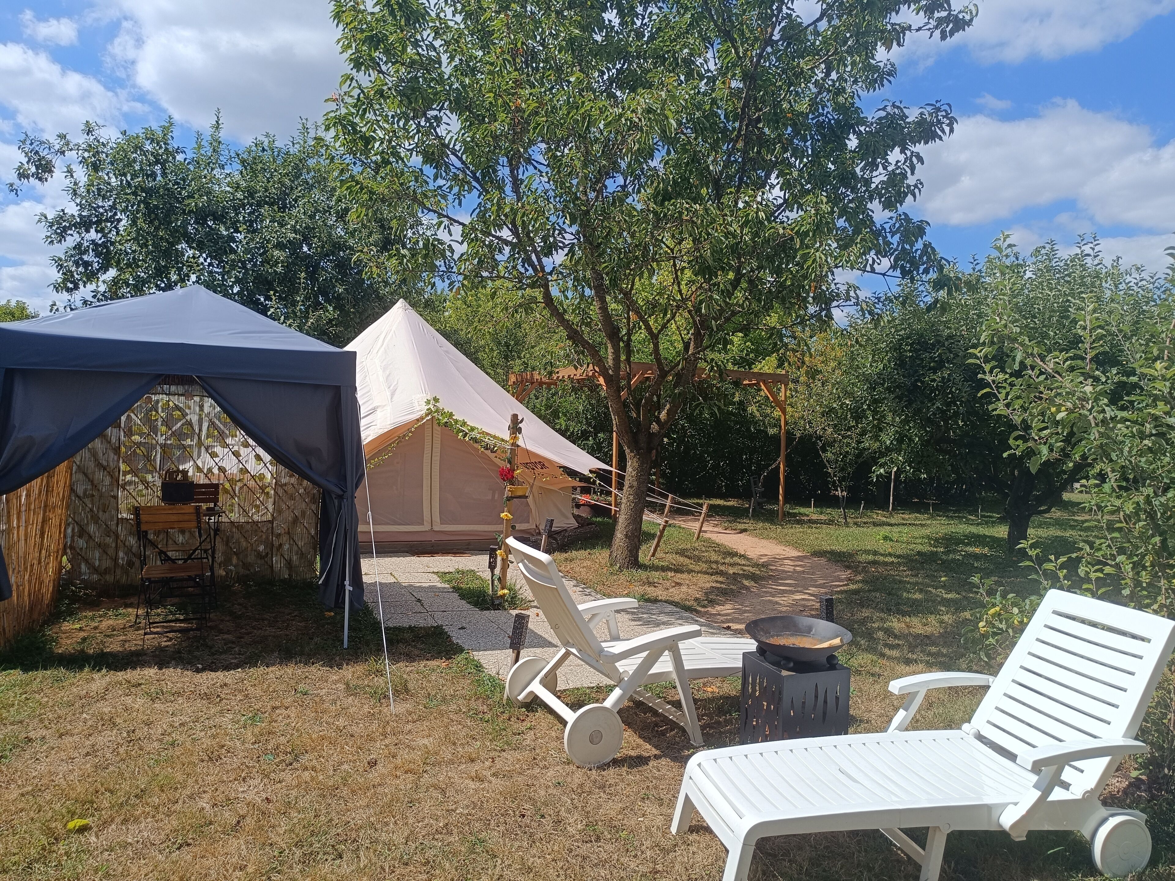 A tent with a covered seating area, a grill, and a tree nearby.