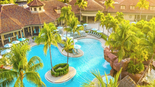 Un resort con una gran piscina, palmeras y zonas de descanso.