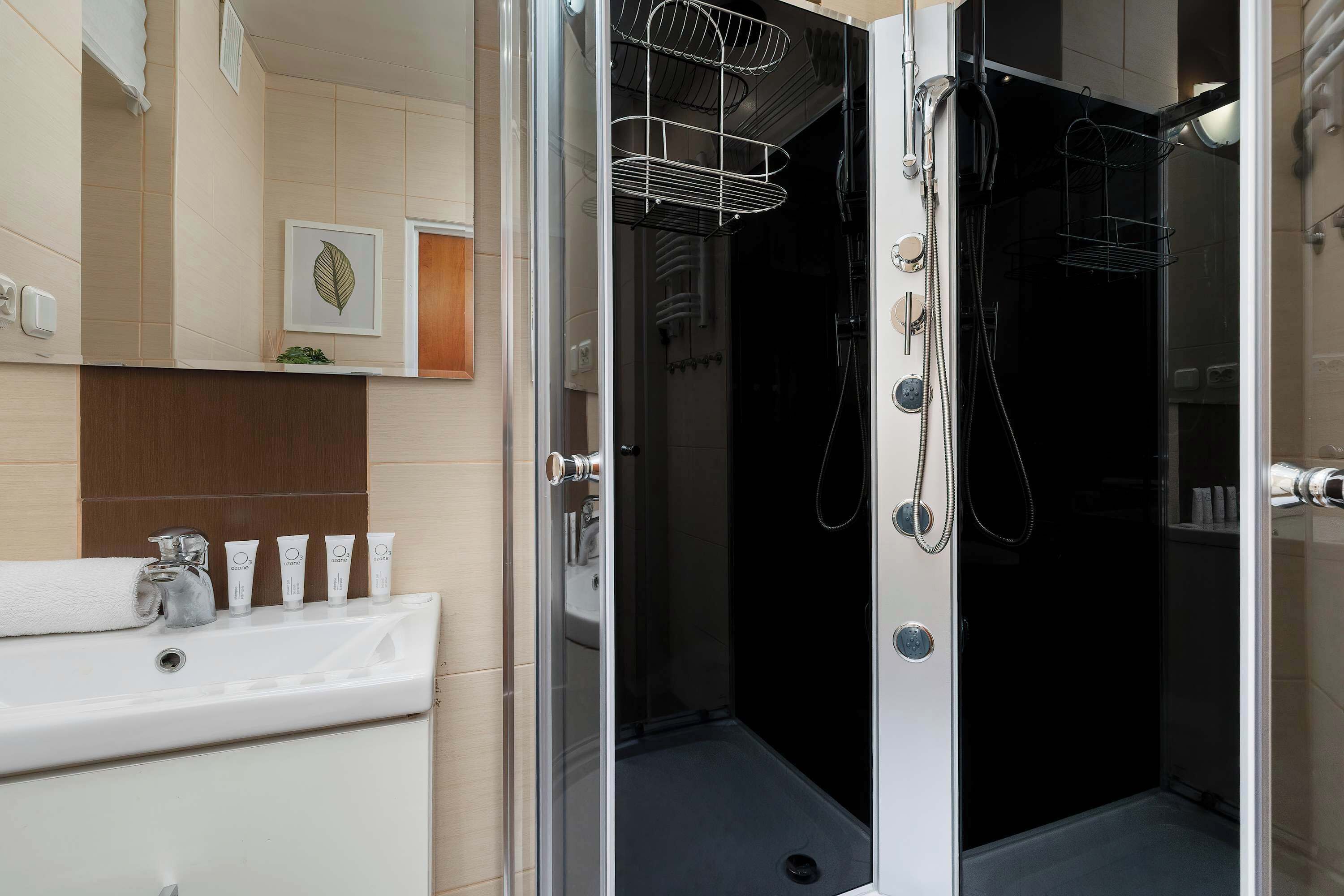Shower, hair dryer, towels, shampoo