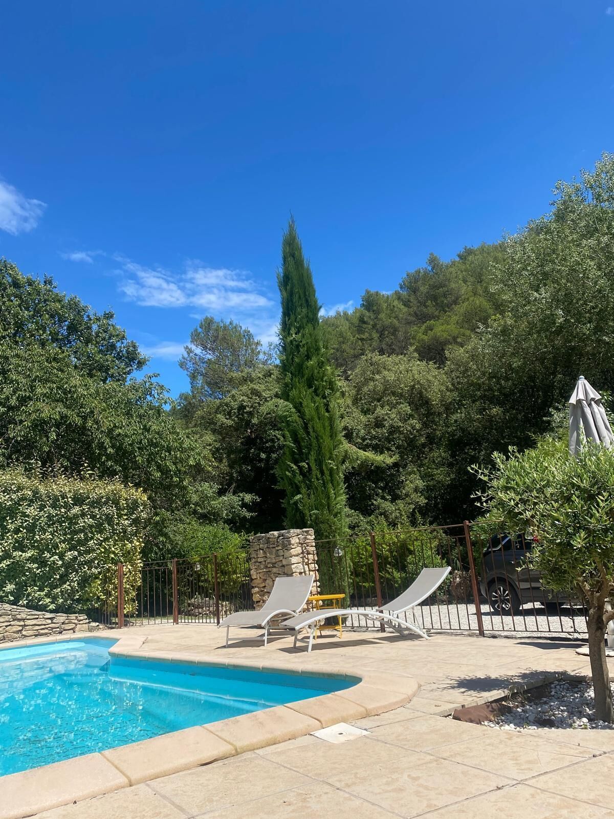 Piscina com espreguiçadeiras, cercada por árvores e uma parede de pedra.