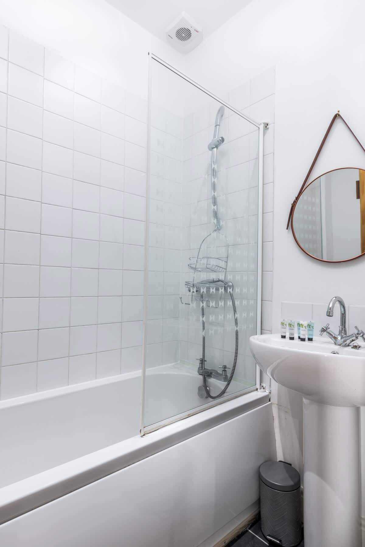 Shower, hair dryer, shampoo