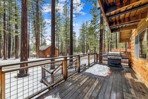 Eine Holzdar Terrasse mit Grill, umgeben von hohen Kiefern und einer Holzhütte.
