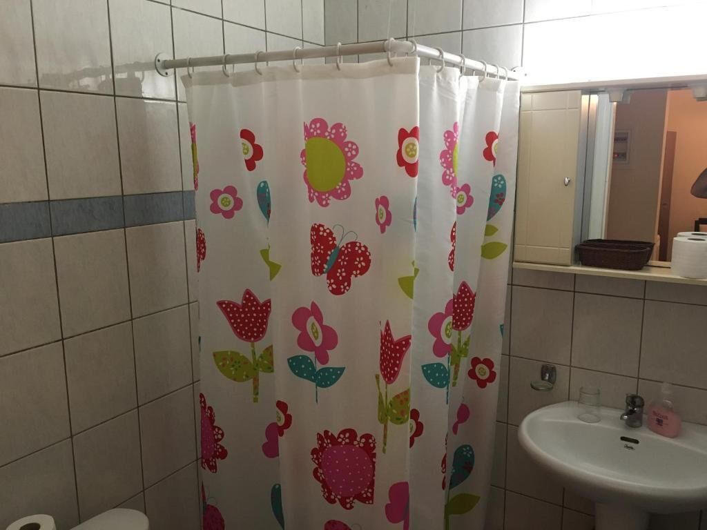 A bathroom with a shower curtain featuring a floral pattern, a sink with a mirror above it, and a toilet.
