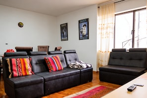 Ein Wohnzimmer mit einer Couch, Sesseln, einem Couchtisch und einem Fernseher. An der Wand hängen Poster und es gibt ein Fenster mit Vorhängen.
