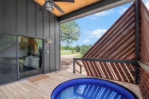 Area piscina moderna all'aperto con terrazza in legno, porta in vetro che conduce a una cucina e vista sul verde.