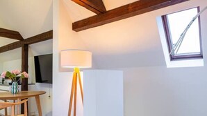 A room with a wooden ceiling, a small window, a floor lamp, a table with chairs, and a TV. - Cosy 1-BR for two · central Zürich · self check-in (Zürich)