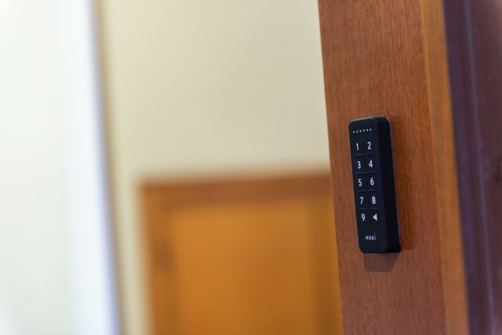 Un teclado de acceso en una puerta de madera.