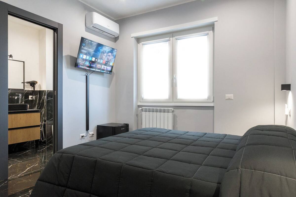 Une chambre moderne avec un lit, une télévision, un radiateur et une fenêtre.