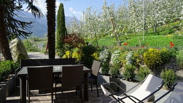 Ein Sitzbereich im Freien mit Tisch und Stühlen, umgeben von üppiger Vegetation und blühenden Pflanzen.