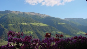 Eine gebirgige Landschaft mit grünen Tälern und verstreuten Häusern.