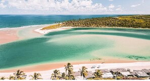 A beach with clear turquoise waters, a sandy shore, and a line of palm trees. - Casa Parque das Árvores - Camaçari - BA (Camaçari)