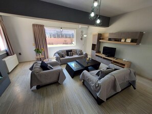 Televisión, chimenea y oficina 