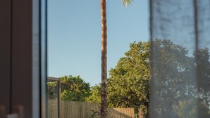 On aperçoit, à travers une porte vitrée, un jardin avec un palmier, une piscine et une clôture en bois.