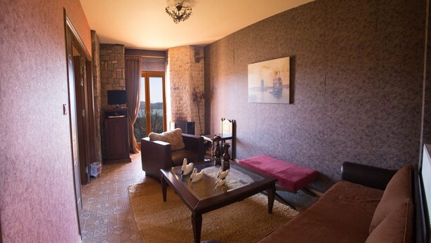 Een woonkamer met een bank, een salontafel en een televisie. Er is een stenen muur en een schilderij aan de muur.