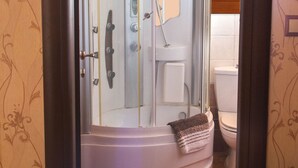 Een douchecabine met glazen wanden, een toilet en wastafel, een handdoek op de vloer en uitzicht op de natuur.