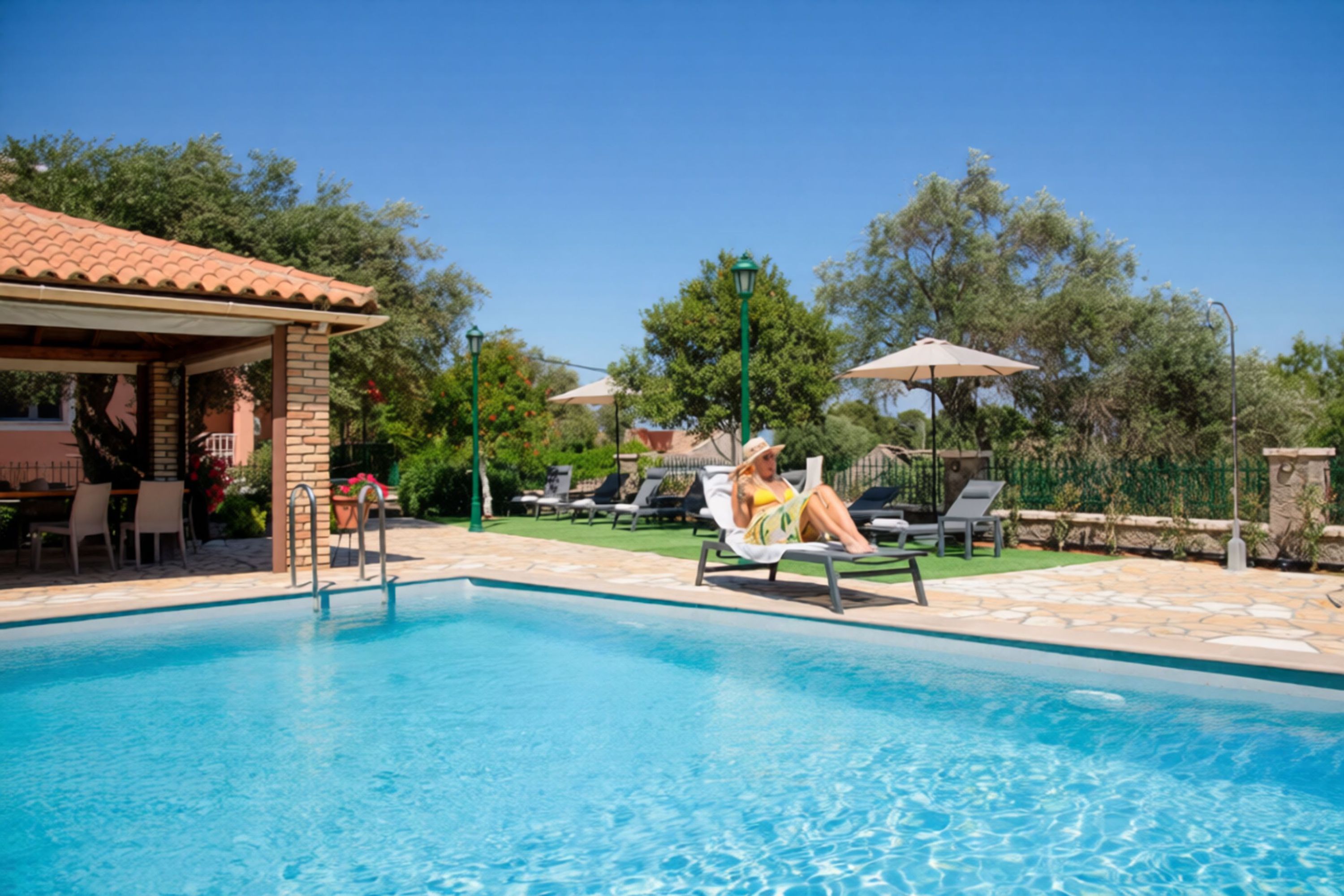 A swimming pool with lounge chairs and umbrellas, surrounded by greenery and a building with a tiled roof.