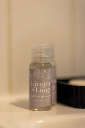 Secador de pelo, toallas, jabón y champú