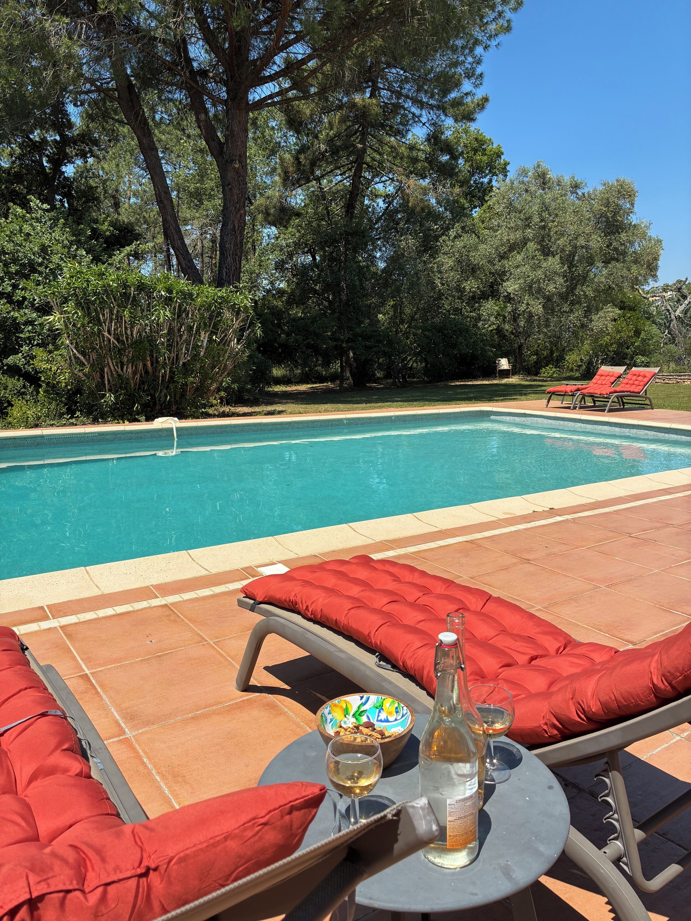 A poolside area with lounge chairs, a table with a bottle and glasses, and a bowl of snacks.