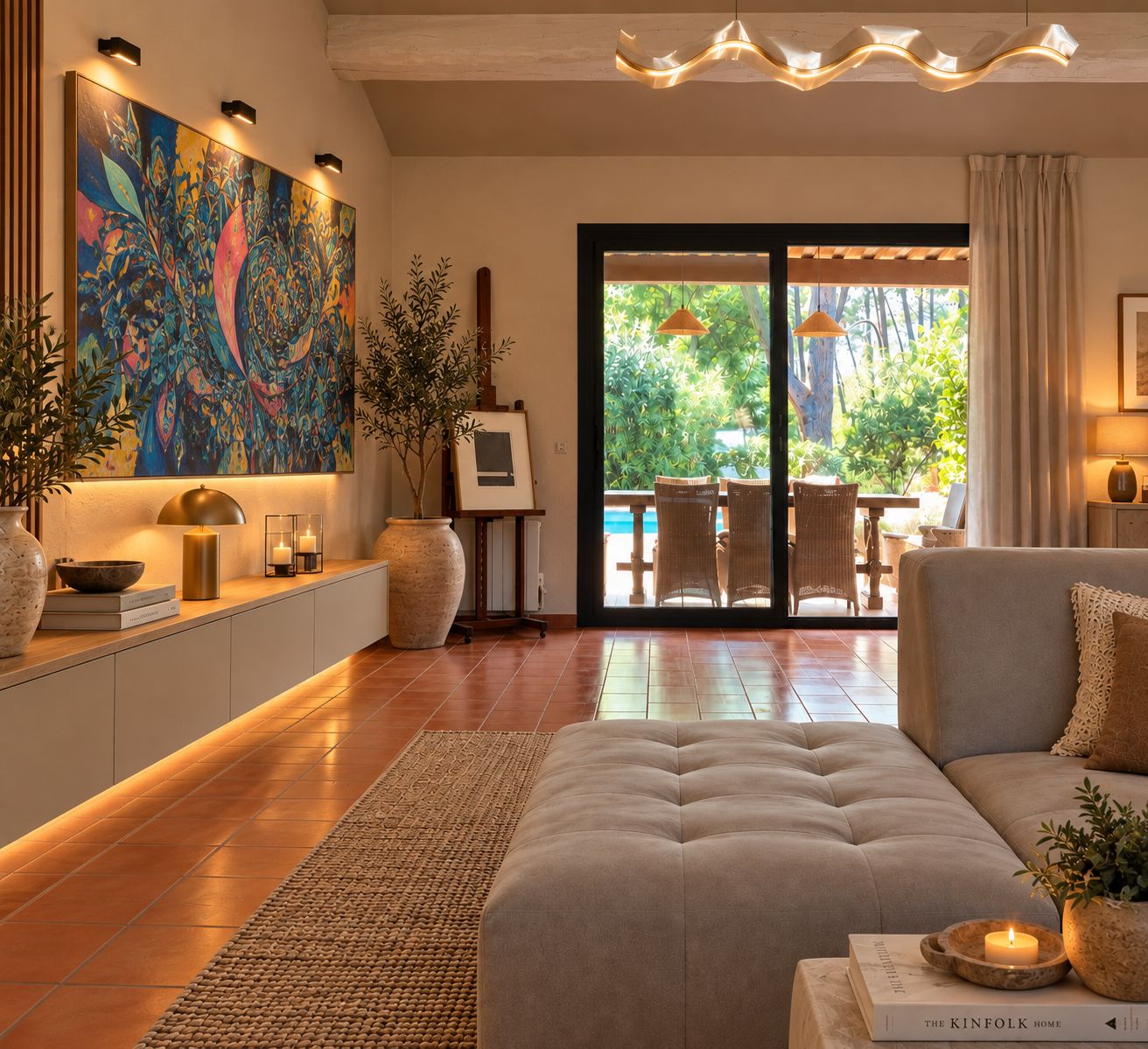 A modern living room with a sofa, a coffee table, a large painting, a potted plant, and a view of an outdoor patio.