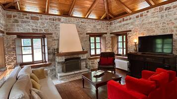 TV, fireplace, books, offices