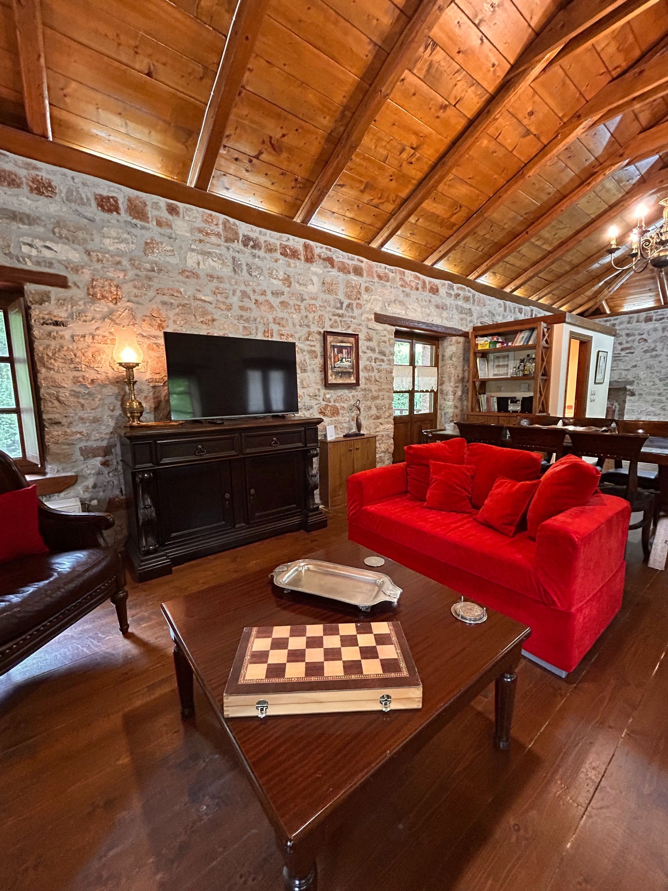 TV, fireplace, books, offices