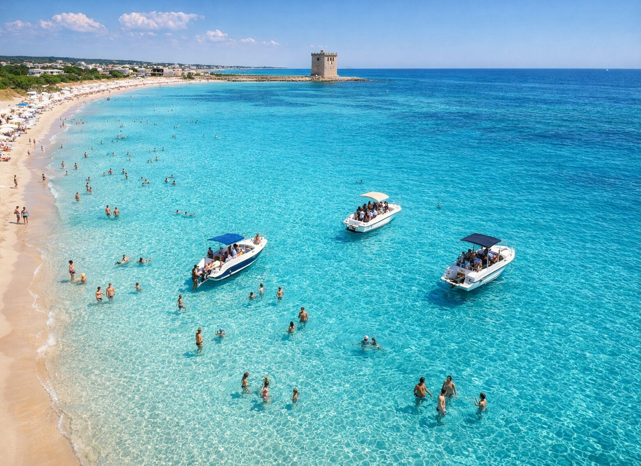 Una playa con agua turquesa cristalina, gente nadando y barcos.