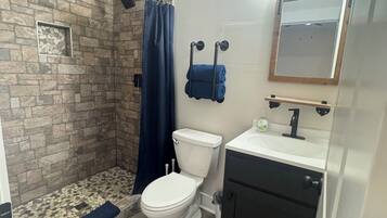Shower, hair dryer, towels, toilet paper