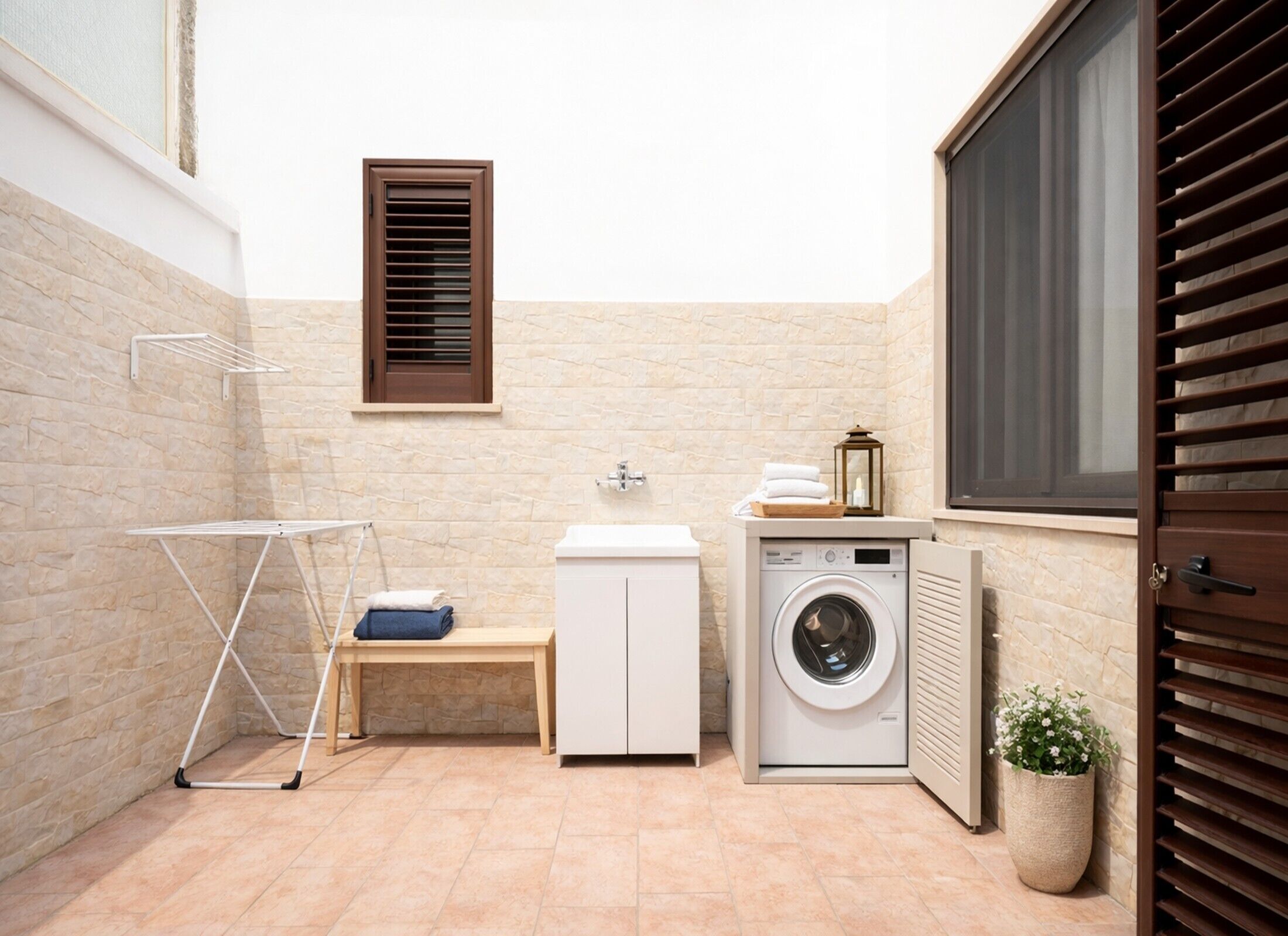 A laundry room with a washing machine, a drying rack, a sink, and a window with blinds.