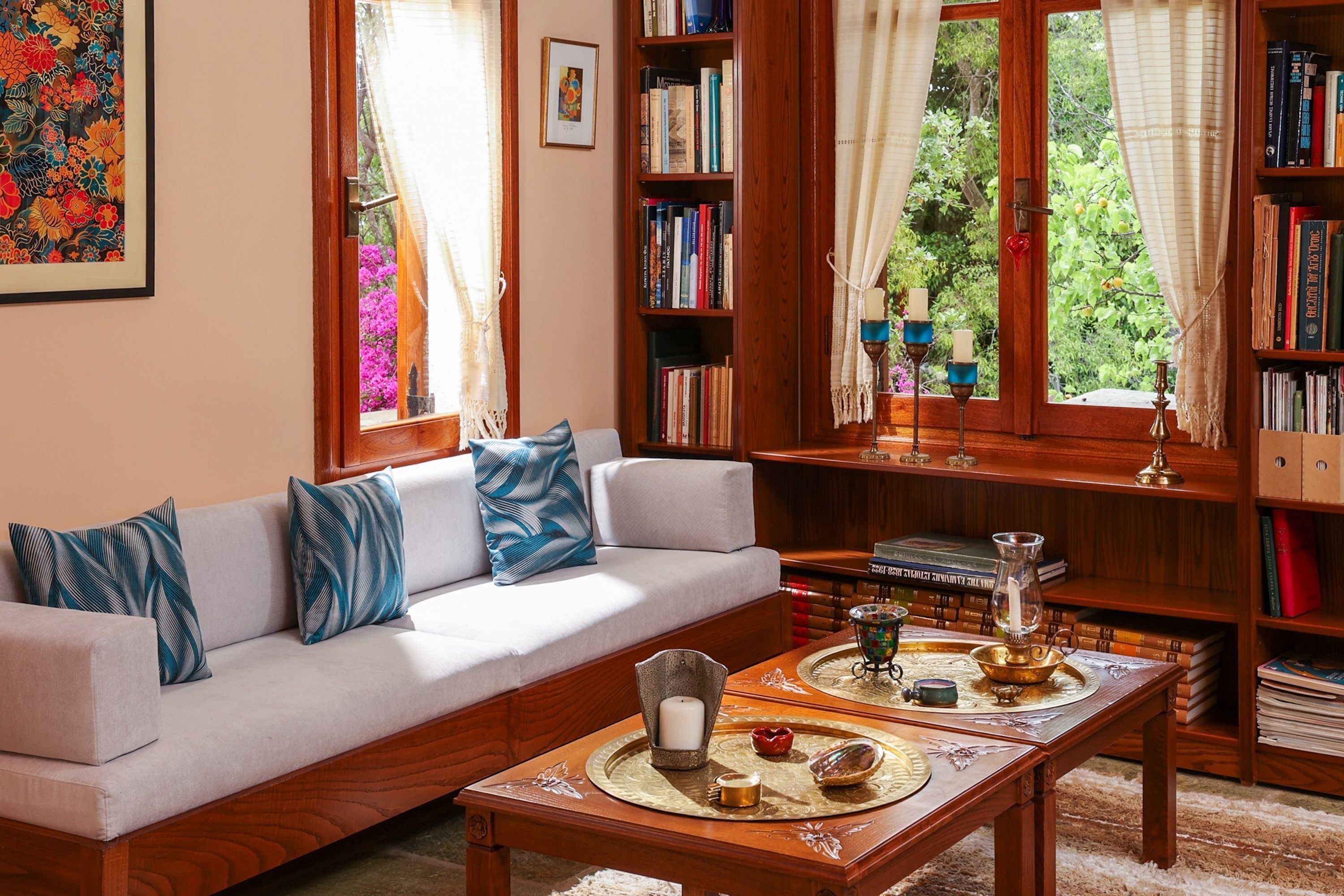 TV, fireplace, books, stereo