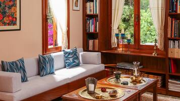 TV, fireplace, books, stereo