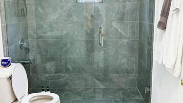 Shower, hair dryer, towels, soap