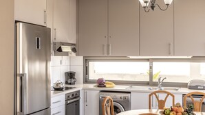 A modern kitchen with stainless steel appliances, a built-in oven, a dishwasher, and a large window providing natural light. - Lenias Sea View in Neo Chorio (Neo Chorio)