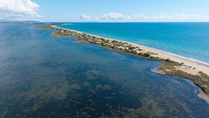 Luchtbeeld van een kustgebied met een zandstrand, helderblauw water en een smalle vegetatiering langs de waterlijn.