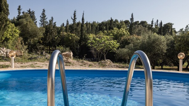 Una piscina con escaleras de metal, rodeada de árboles y un patio de piedra.