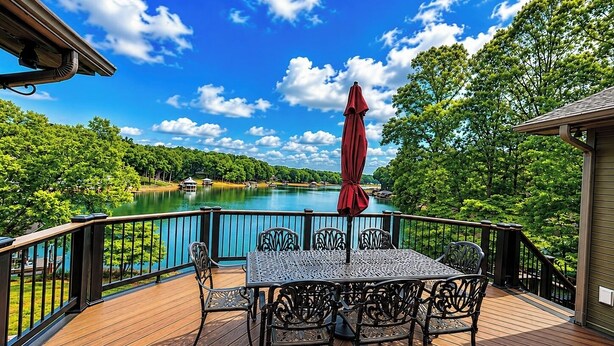 Une terrasse en bois avec une table et des chaises, donnant sur un lac bordé d’arbres et sous un ciel dégagé.