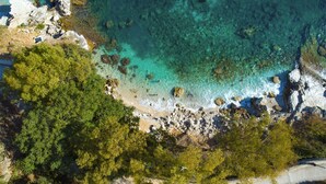 An aerial view of a coastal area with clear turquoise waters, rocky shoreline, and dense green forest. - Villa Andreas in Lithiasmenos (Lithiasmenos)