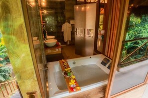 Douche, baignoire à jets, sèche-cheveux, serviettes fournies