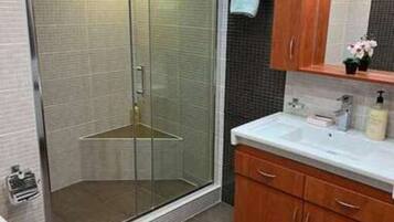 Shower, hair dryer, towels
