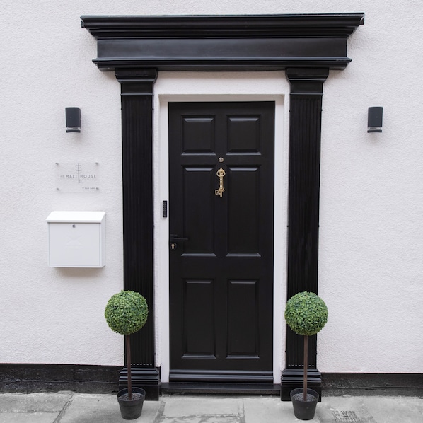 A black door with a keyhole and a gold key, flanked by two small potted plants, against a white wall with a black trim.