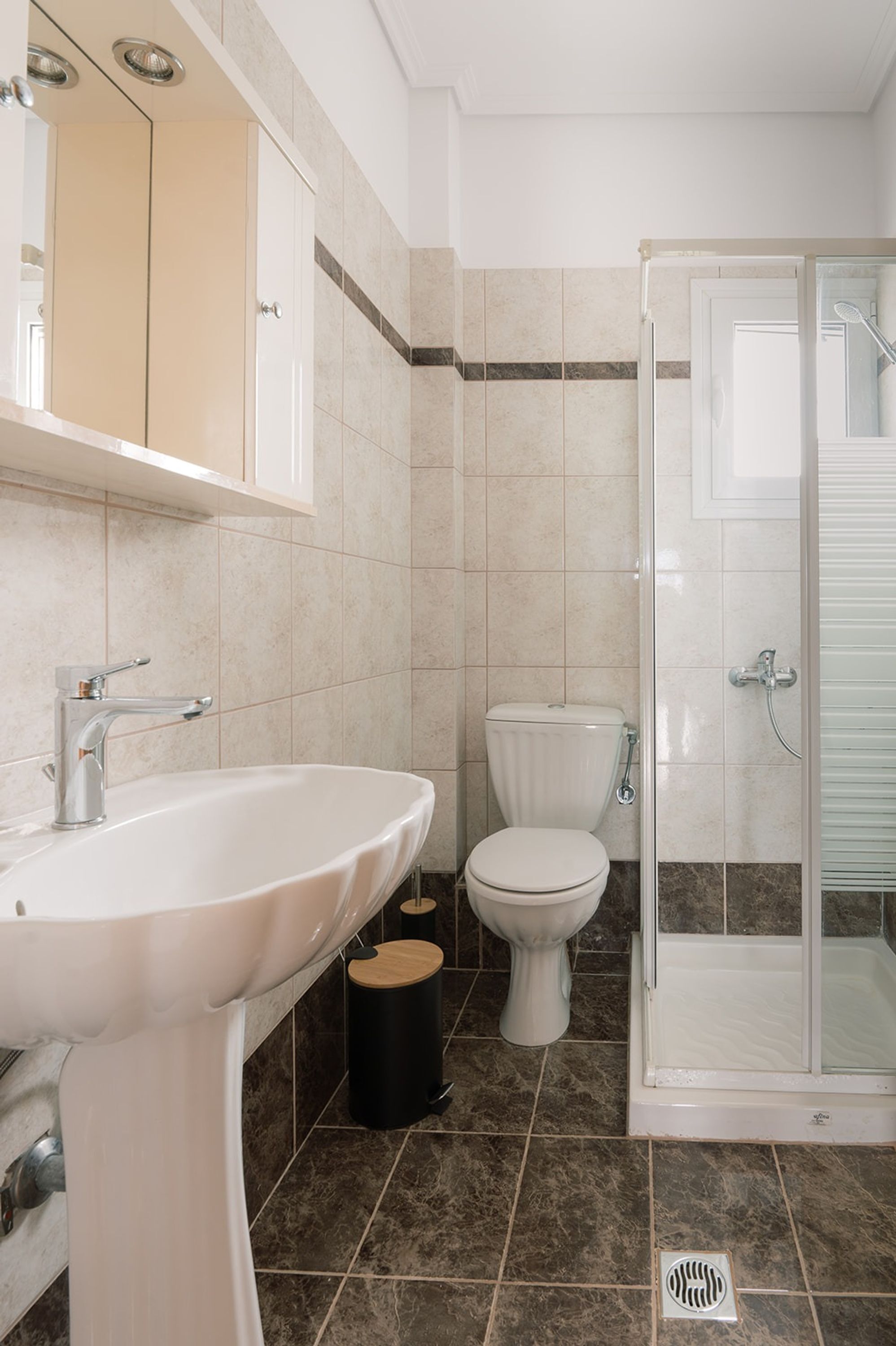 Een badkamer met wastafel, toilet en douche.