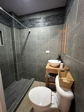 Een moderne badkamer met donkere betegelde wanden, een wit toilet, een houten wastafelmeubel met een wastafel en een douchehoek.