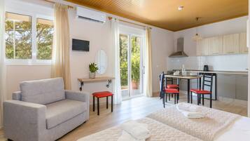 1 dormitorio, escritorio, tabla de planchar con plancha y cuna de viaje