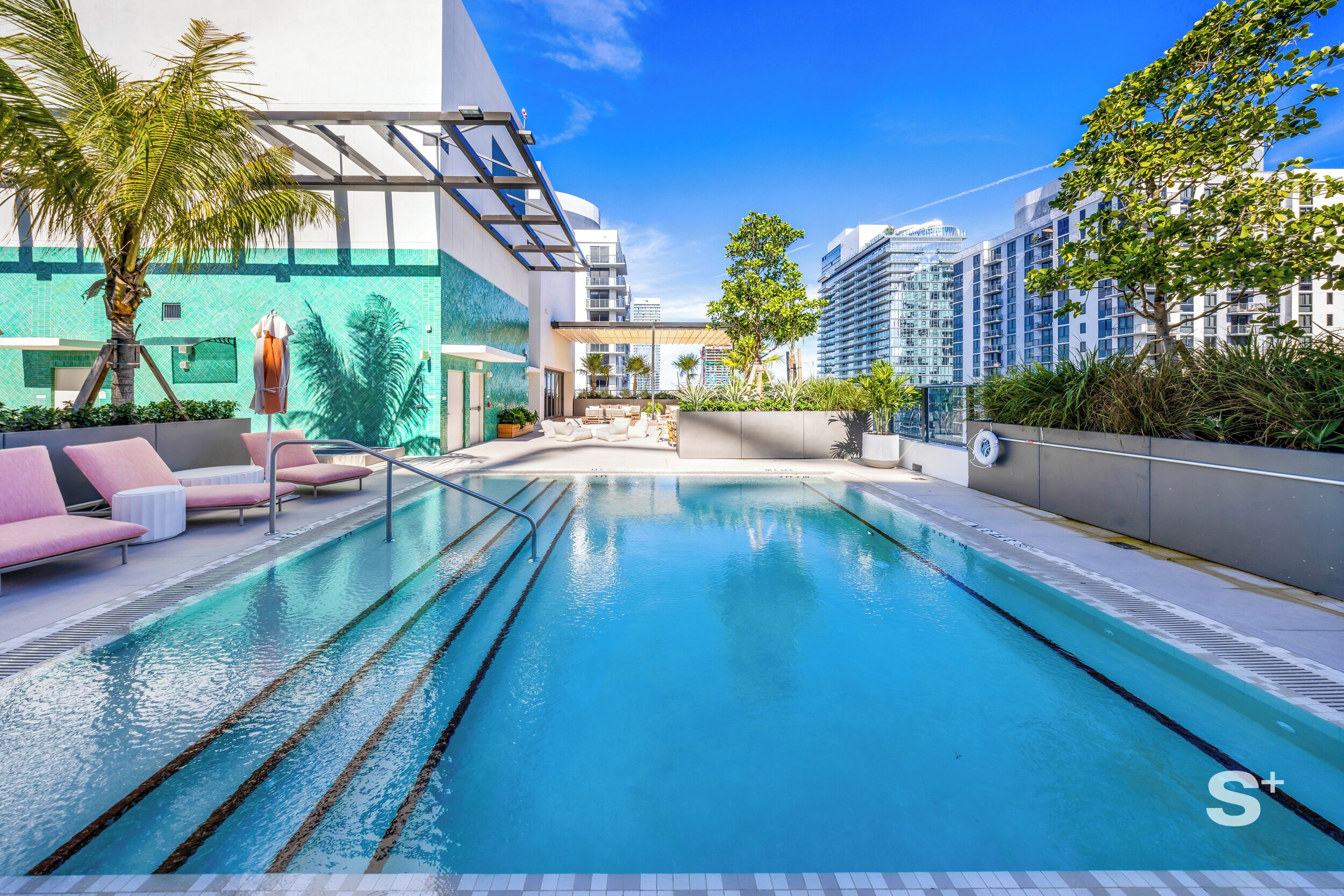 Ein Swimmingpool mit Liegestühlen und einer Palme, umgeben von modernen Gebäuden.