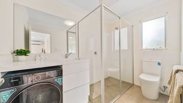 Hair dryer, towels, soap, toilet paper