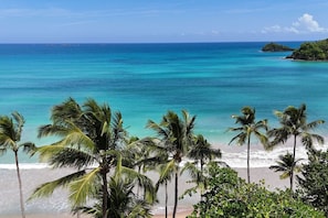 Una playa con agua turquesa cristalina, palmeras y una isla distante.